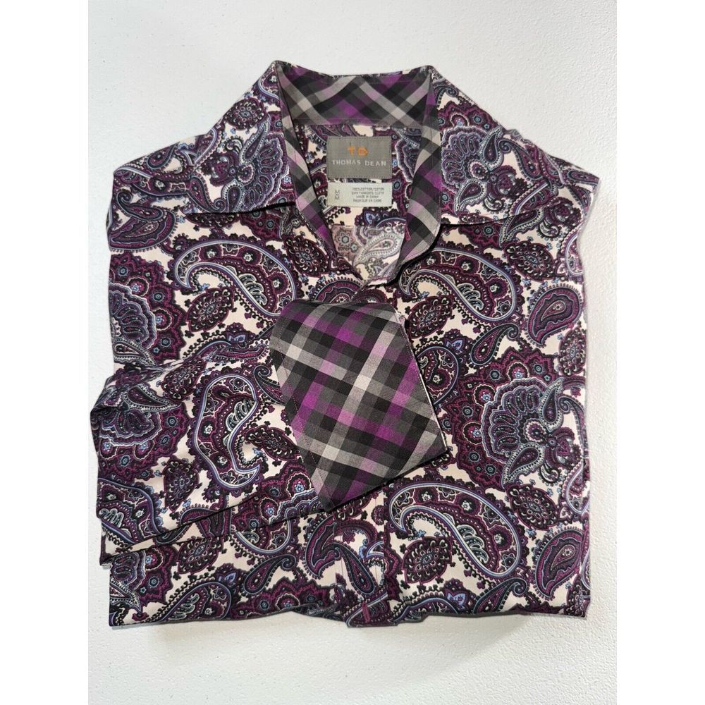 Thomas Dean Shirt Men's Med Purple/Black Paisley Floral Button Up Flip Cuff